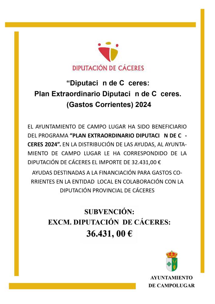 Imagen SUBVENCIONES - Diputación de Cáceres: Plan Extraordinario Diputación de Cáceres. (Gastos Corrientes) 2024