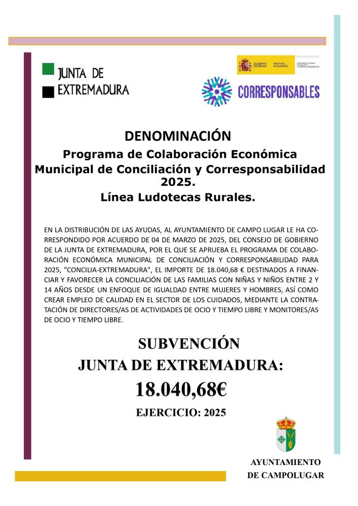 Imagen SUBVENCIONES - Programa de Colaboración Económica Municipal de Conciliación y Corresponsabilidad 2025. Línea Ludotecas Rurales.