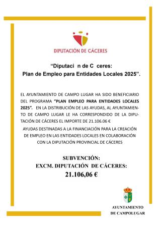 Imagen SUBVENCIONES - “Diputación de Cáceres: Plan de Empleo para Entidades Locales 2025”.