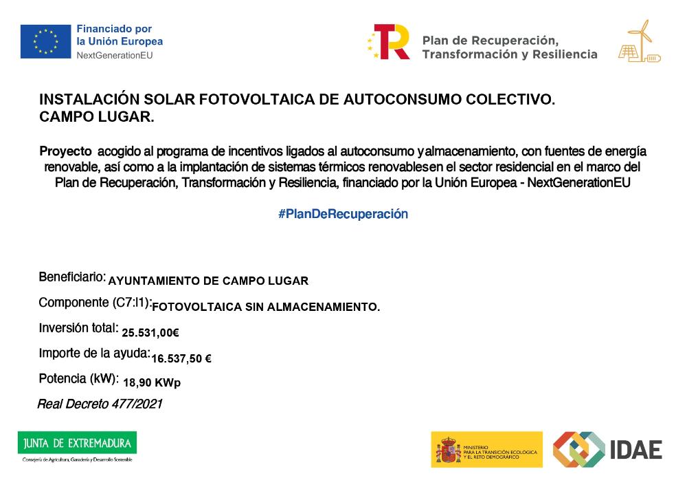 Imagen SUBVENCIONES -INSTALACIÓN SOLAR FOTOVOLTAICA DE AUTOCONSUMO COLECTIVO. CAMPO LUGAR.