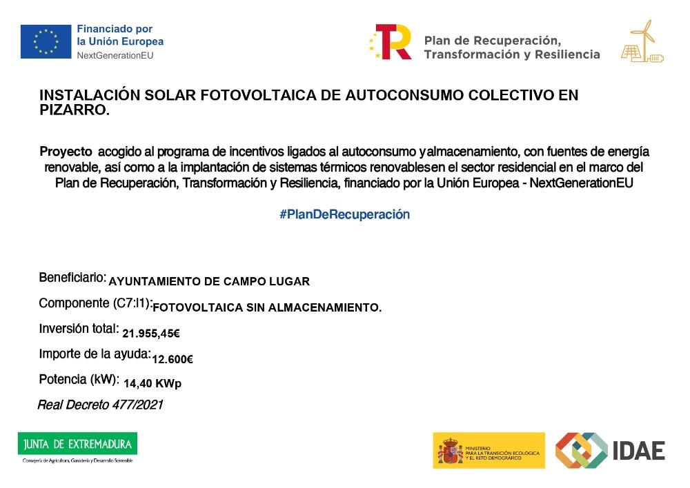 Imagen SUBVENCIONES - INSTALACIÓN SOLAR FOTOVOLTAICA DE AUTOCONSUMO COLECTIVO EN PIZARRO.